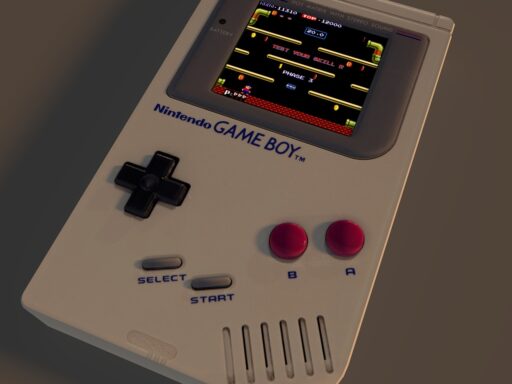 Een paarse Game Boy Advance met een spelcartridge ernaast op een houten tafel