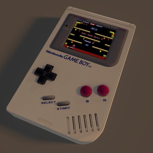 Een paarse Game Boy Advance met een spelcartridge ernaast op een houten tafel