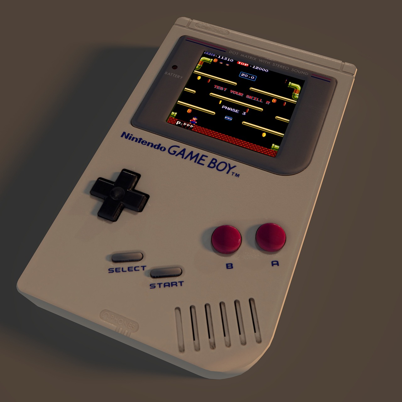 Een paarse Game Boy Advance met een spelcartridge ernaast op een houten tafel