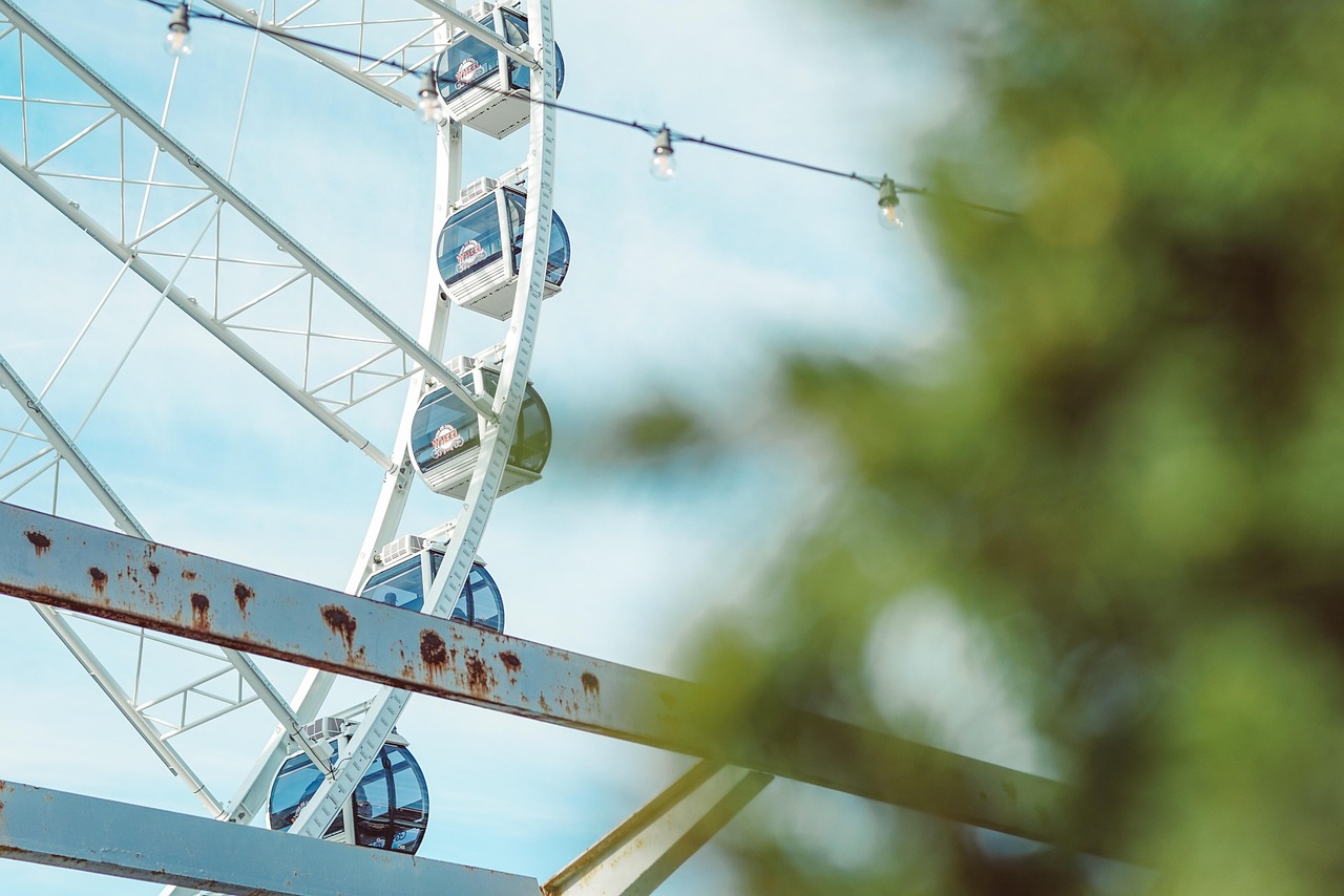 Een verlaten, begroeide carrousel in een voormalig pretpark