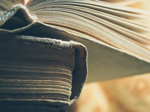 Rij versleten jeugdboeken op een houten bibliotheekplank