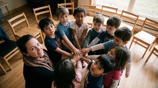 Kinderen in een klaslokaal die enthousiast hun hand opsteken om een vraag te beantwoorden