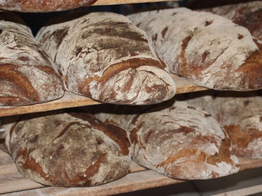 Een oude Nederlandse bakkerij met houten rekken vol vers brood achter de toonbank